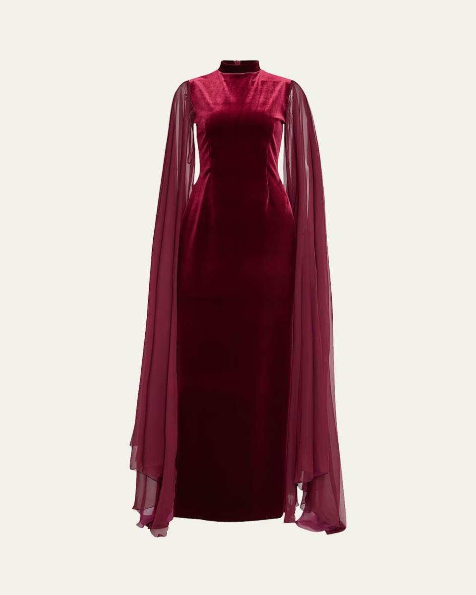 Cape-Sleeve Velvet Column Gown
